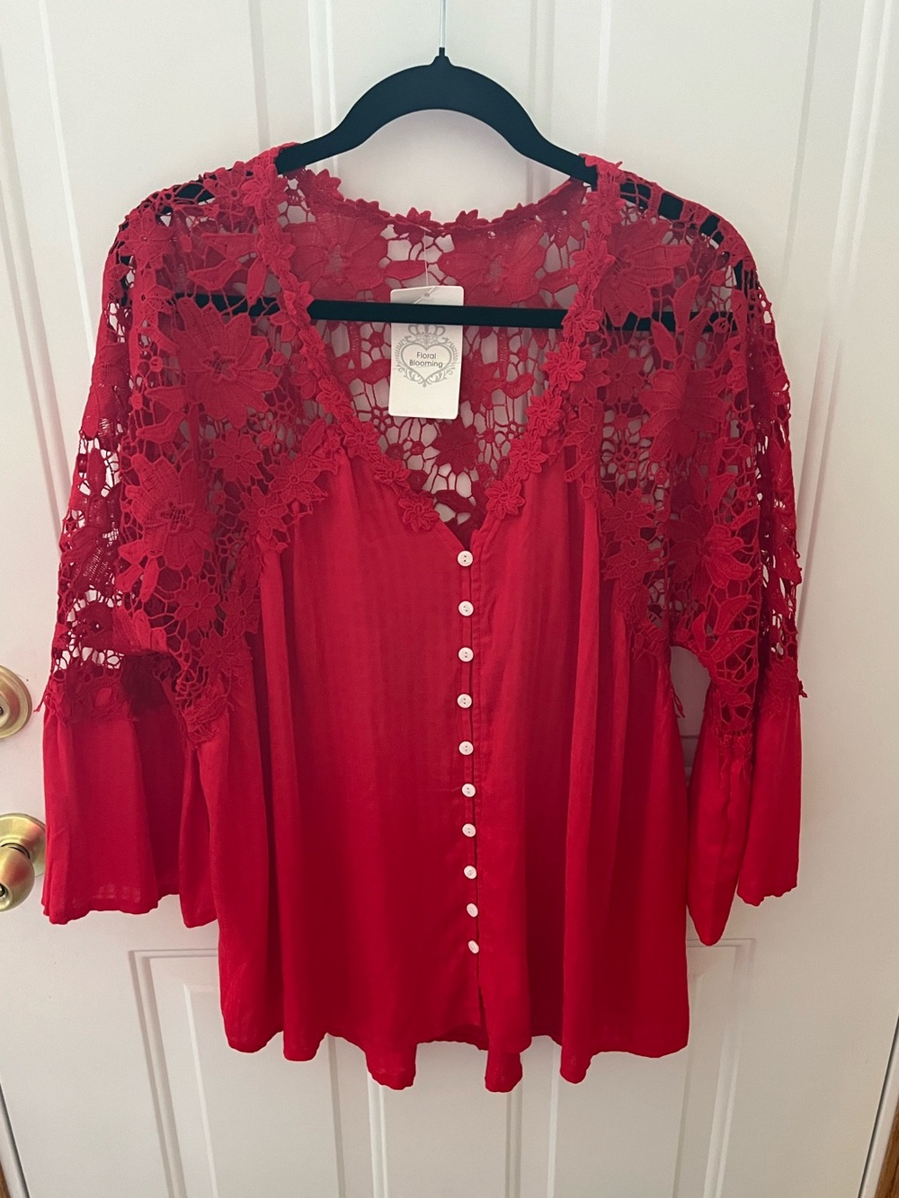 Red Floral Lace Crochet Blouse 2XL Boho Peasant Bell Sleeve Top